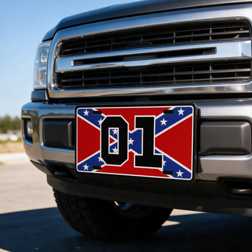 01 Confederate Flag decorative metal license plate displayed on a vehicle