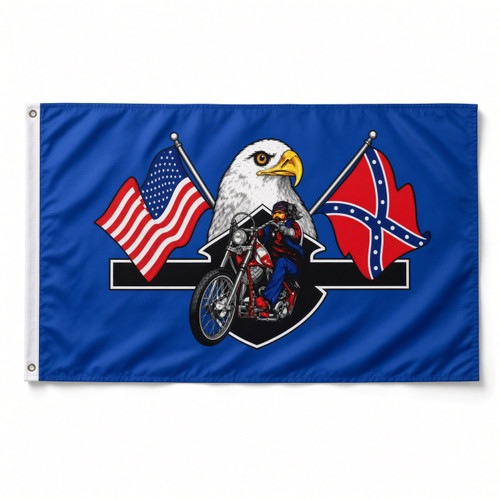 3x5 motorcycle and eagle flag with American and Confederate flag graphics
