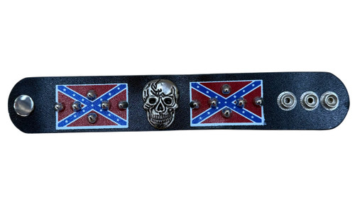 Skull Confederate Flag Studded bracelet front with central silver-tone skull, two flag graphics, cone studs and snaps