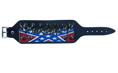 Flames Confederate Flag Studded bracelet front with flame flag graphic, silver-tone cone studs, buckle and fastening holes