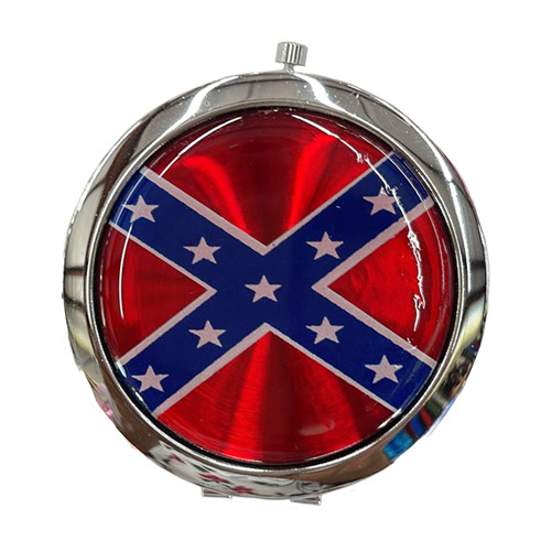 Round compact mirror with Confederate flag graphic and glossy metal casing.