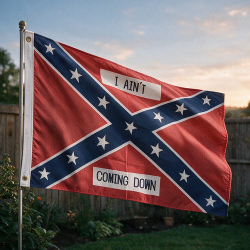 I Ain't Coming Down Confederate Flag displayed outdoors