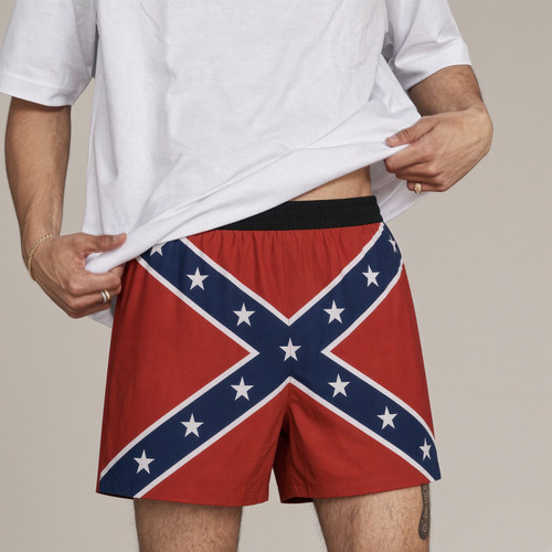 Man wearing Confederate Flag boxers with white T-shirt
