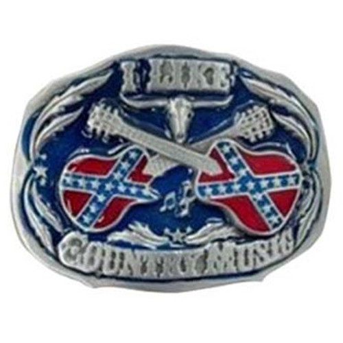 "I Like Country Music" Confederate Flag Belt Buckle