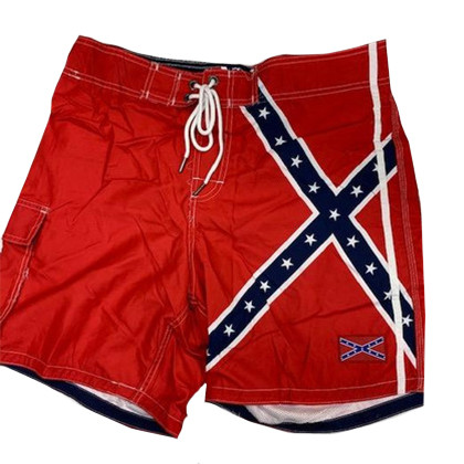 Men’s swim trunks with Rebel flag pattern, quick-dry fabric, comfortable fit and bold Southern summer style.
