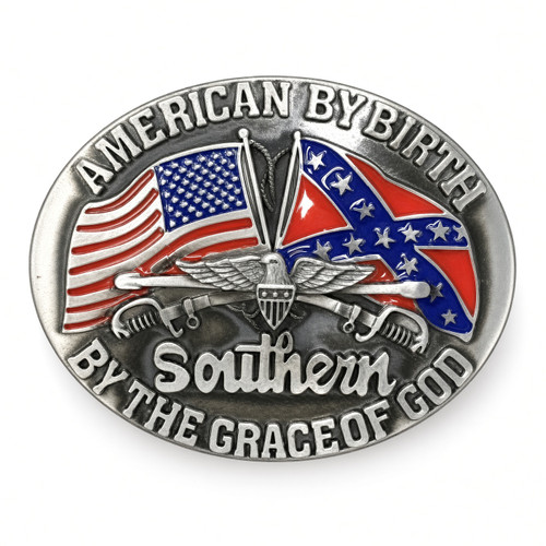 American By Birth Southern By The Grace Of God decorative belt buckle front view