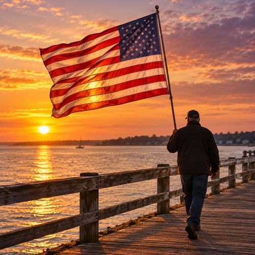 American polyester flag displayed at sunset with person standing nearby