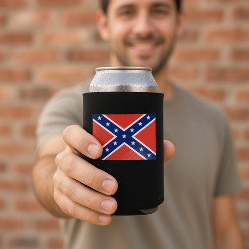 Confederate Flag can koozie displayed outdoors