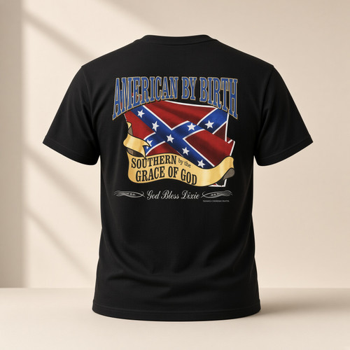 American By Birth Southern By The Grace Of God dark graphic T-shirt front view
