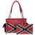 Women's purse/handbag with a structured, rectangular shape and a pattern of the Confederate flag. It includes a single handle and metallic hardware.