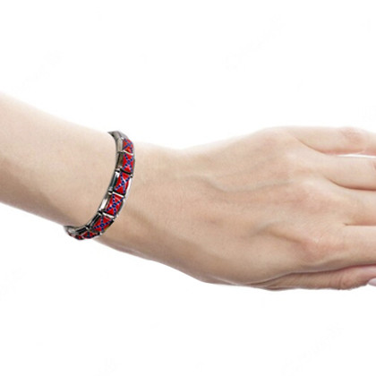 Stainless steel bracelet featuring Confederate flag charm worn on wrist.