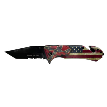 Utility knife featuring half American flag and half Confederate flag design on handle.