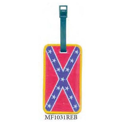 Embroidered luggage tag featuring Confederate flag design with strap attachment.