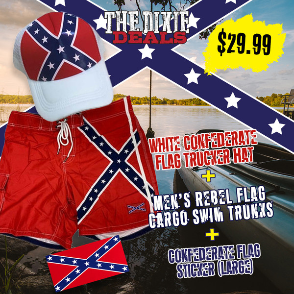 White Confederate Flag Trucker Hat + Men's Rebel Flag Cargo Swim Trunks +  Confederate Flag Sticker  (Large)