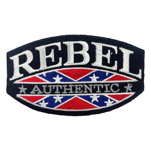 Rebel authentic Confederate flag iron-on patch with embroidered text and classic Rebel flag design.