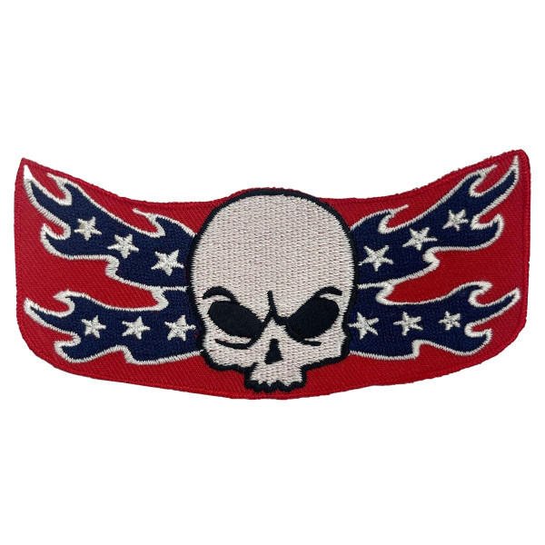 Skull Confederate flag iron-on patch with skull graphic and Rebel flag wings design