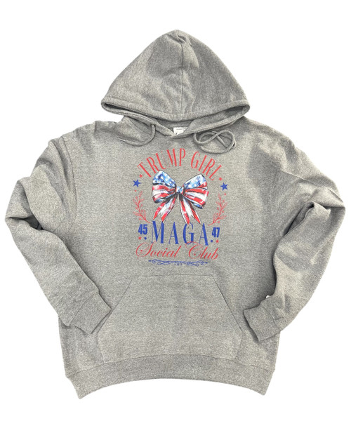 Trump Girl hoodie for women with patriotic graphic print, cozy fleece pullover, pro-Trump apparel