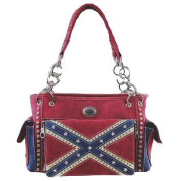 Confederate flag handbag with structured shape, top handle, and decorative metal accents.