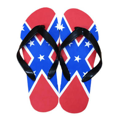 Men’s flip flops featuring Confederate flag design in red, white, and blue