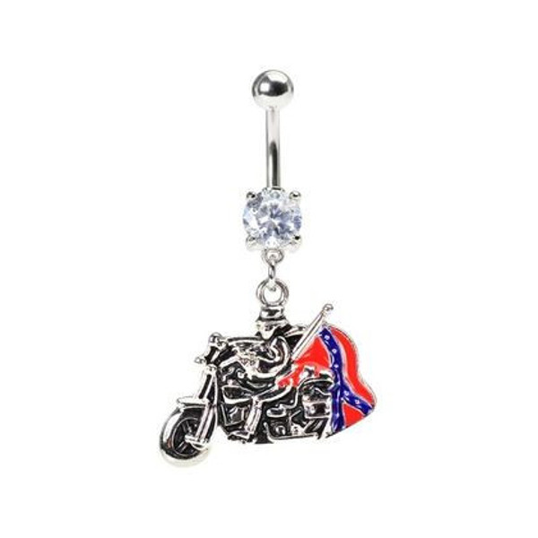 Biker on Motorcycle Bike Waiving Southern Confederate Army Rebel Flag Belly Button Ring