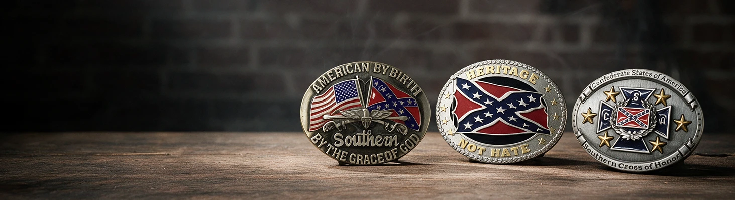 Three Western belt buckles on a wooden table