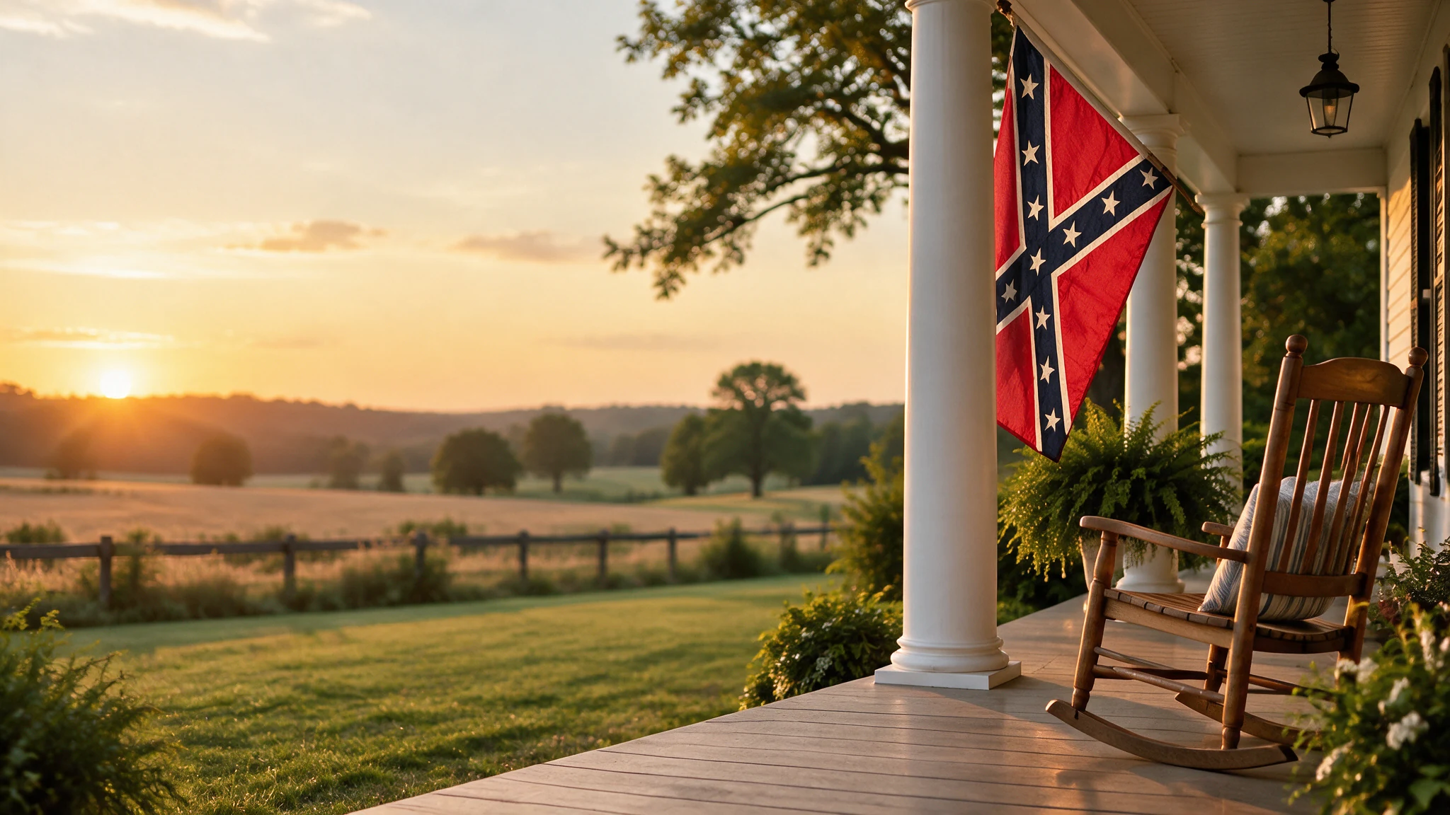 Southern porch overlooking fields at sunset