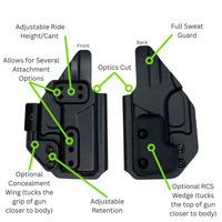 Front and back view diagram of JX Tactical IWB holster with labeled features including adjustable ride height, optics cut, and concealment options
