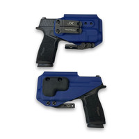 front and back view of a police blue iwb 2.0 handgun holster. With JX Tactical monoblock clip, concealment wing, and wedge.