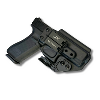 Black Kydex IWB holster with JX Tactical monoblock clip and concealment wing, holding a Glock 45 pistol