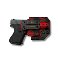 Red and black buffalo plaid Kydex IWB holster with JX Tactical monoblock clip and concealment wing, holding a Glock 26/27 pistol