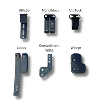 JX Tactical IWB holster attachment options including Ulticlip, Monoblock, UltiTuck, soft loops, concealment wing, and wedge