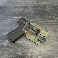 Woodland Camo Kydex IWB holster with JX Tactical monoblock clip, mounted on a Glock 43X pistol