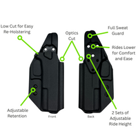 Front and back view of the Low Rider OWB holster with green callout text pointing to features: low cut for easy re-holstering, optics cut, full sweat guard, rides lower for comfort and ease, adjustable retention, and two sets of adjustable ride height.