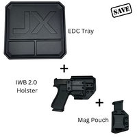 X Tactical EDC Bundle display showing black EDC tray, IWB 2.0 Holster with Glock pistol, and black Kydex mag pouch, labeled for each component