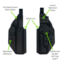 Front and back views of holster with labeled features including Level 2 hood and optics cut
