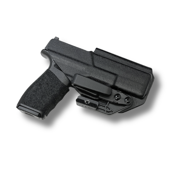 Black Skinny Guy IWB Holster with Springfield Hellcat Pro handgun. RCS Overhook and concealment wing. Black Skinny Guy IWB Holster with Springfield Hellcat Pro handgun. RCS Overhook and concealment wing.