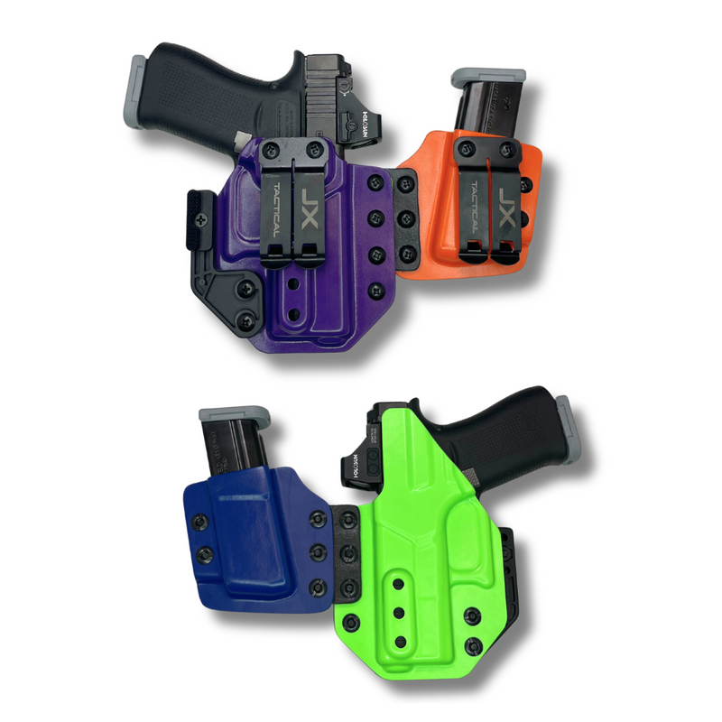 JX Tactical Special Edition WhatTheKicks Plus-1 holster in purple and orange with attached pistol and spare magazine, and zombie green and police blue with attached pistol and spare magazine.