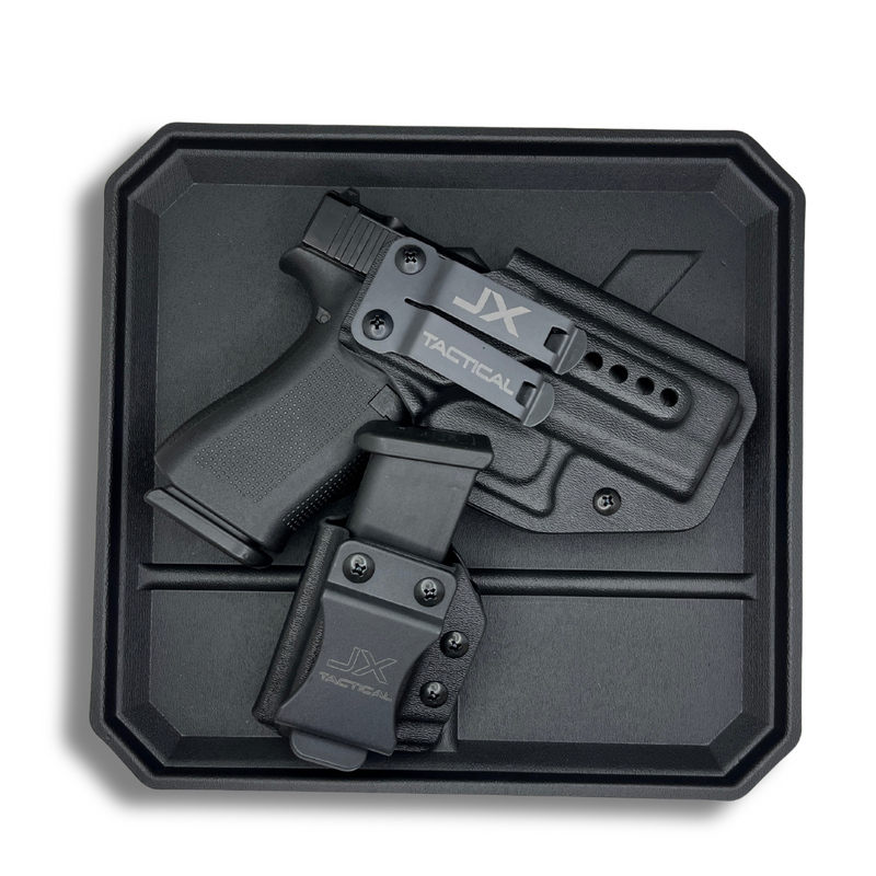 Black EDC tray containing a Glock 43X handgun secured in a black Fat Guy® Holster with JX Tactical clip, paired with a matching black single magazine pouch.