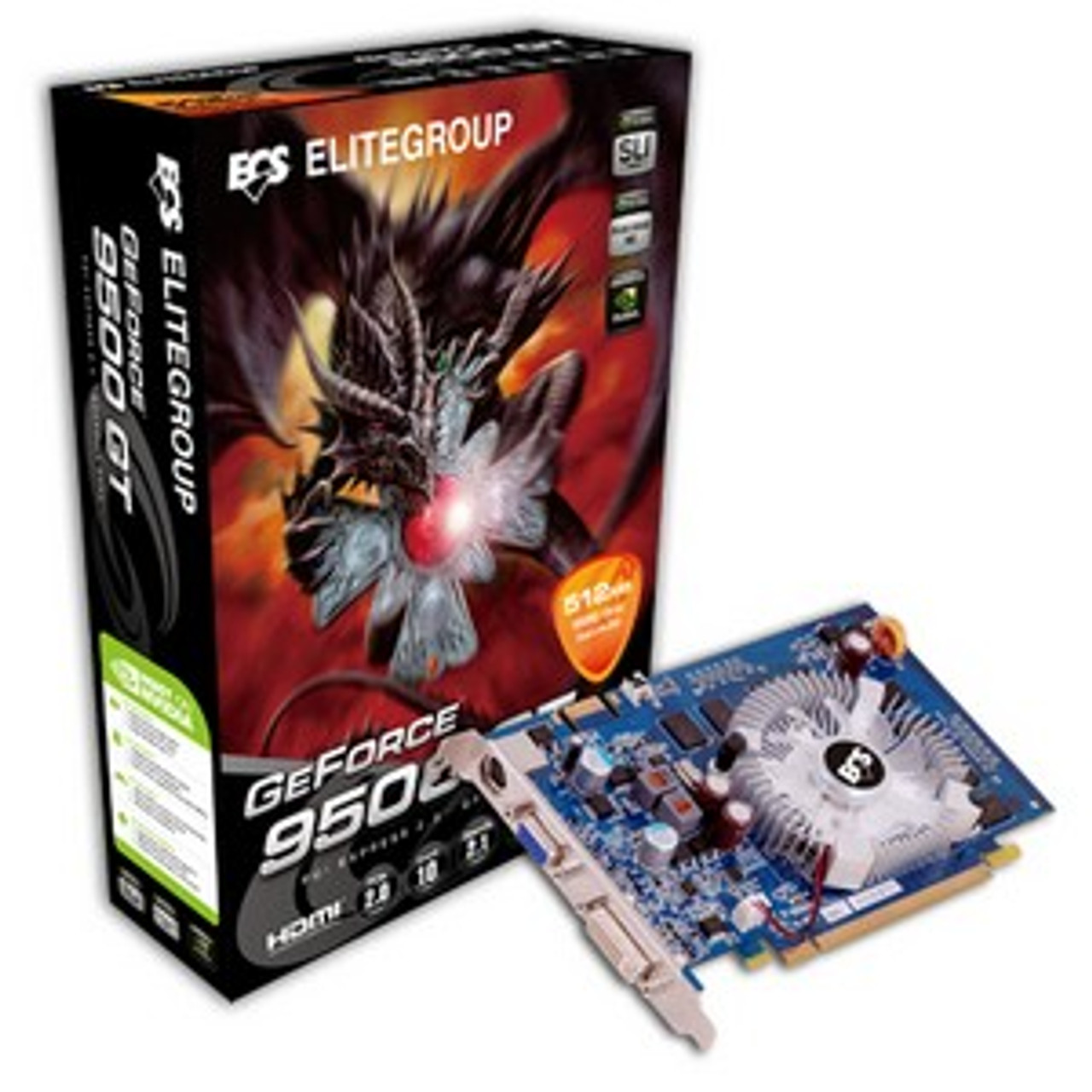 Elitegroup GeForce 9500 GT Graphics Card nVIDIA GeForce 9500 GT 550MHz 512MB DDR2 SDRAM 128bit PCI Express 2.0 DVI-I, HD-15 Mfr P/N N9500GT-512DZ-F