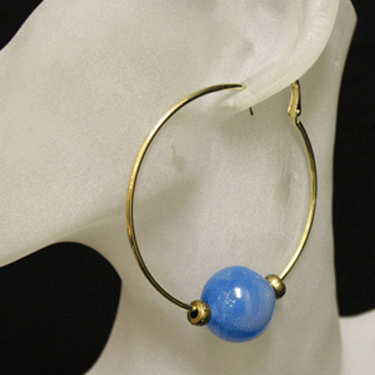 Blue/gold glass bead hoop earrings