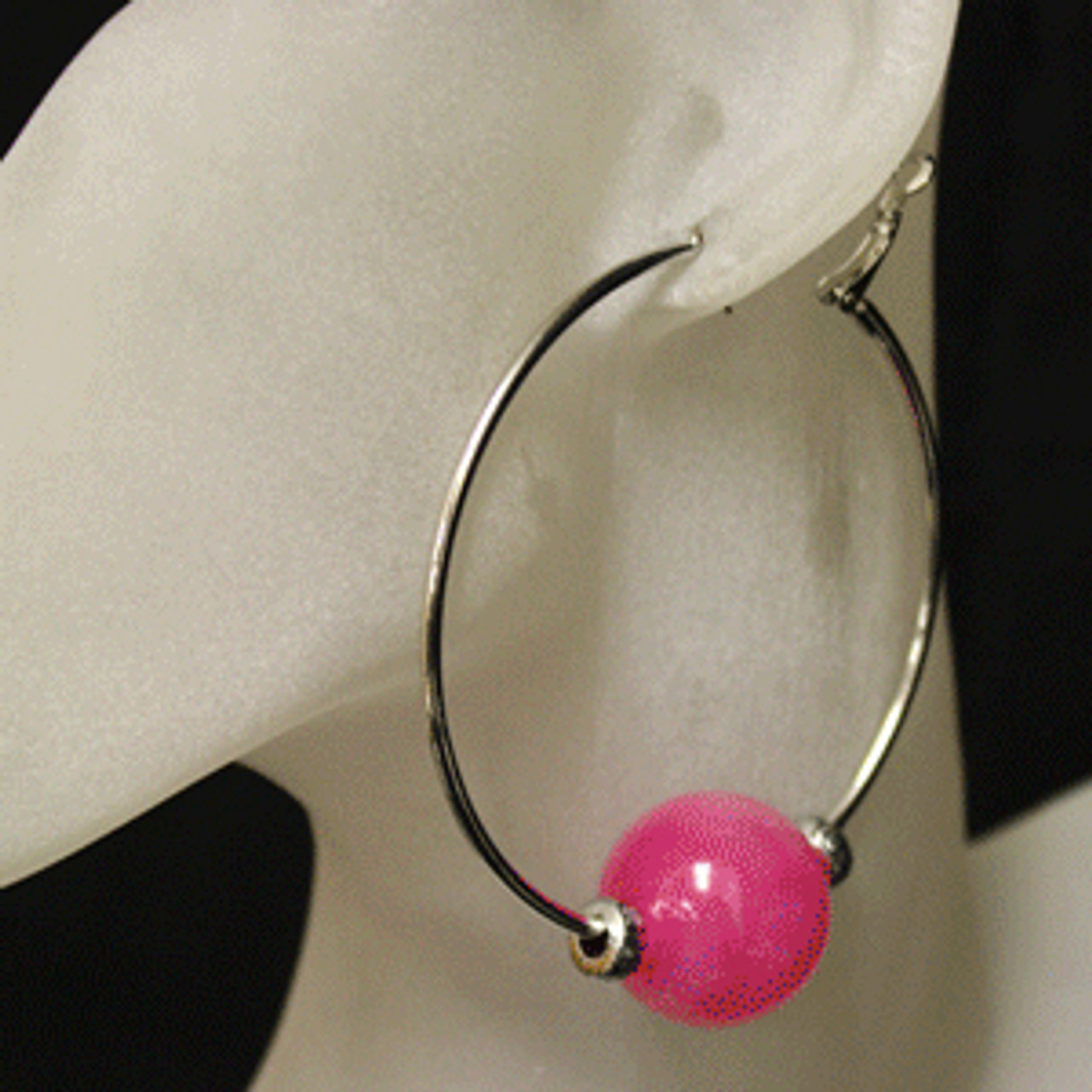 Pink/silver glass bead hoop earrings