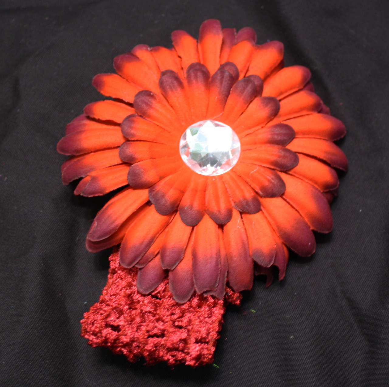 Red and burgundy Gerbera daisy flower crochet headband