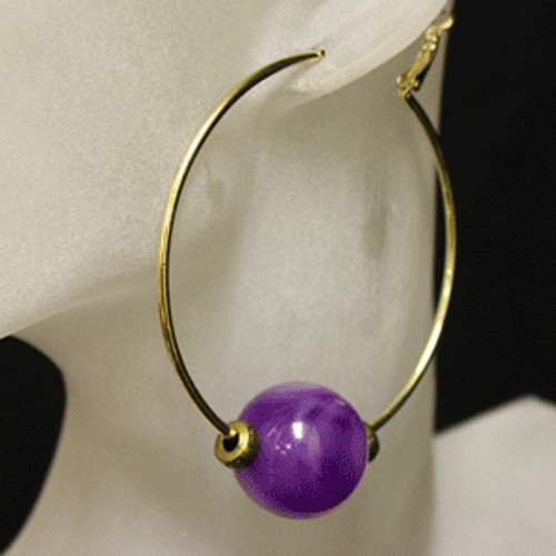 Purple/gold glass bead hoop earrings