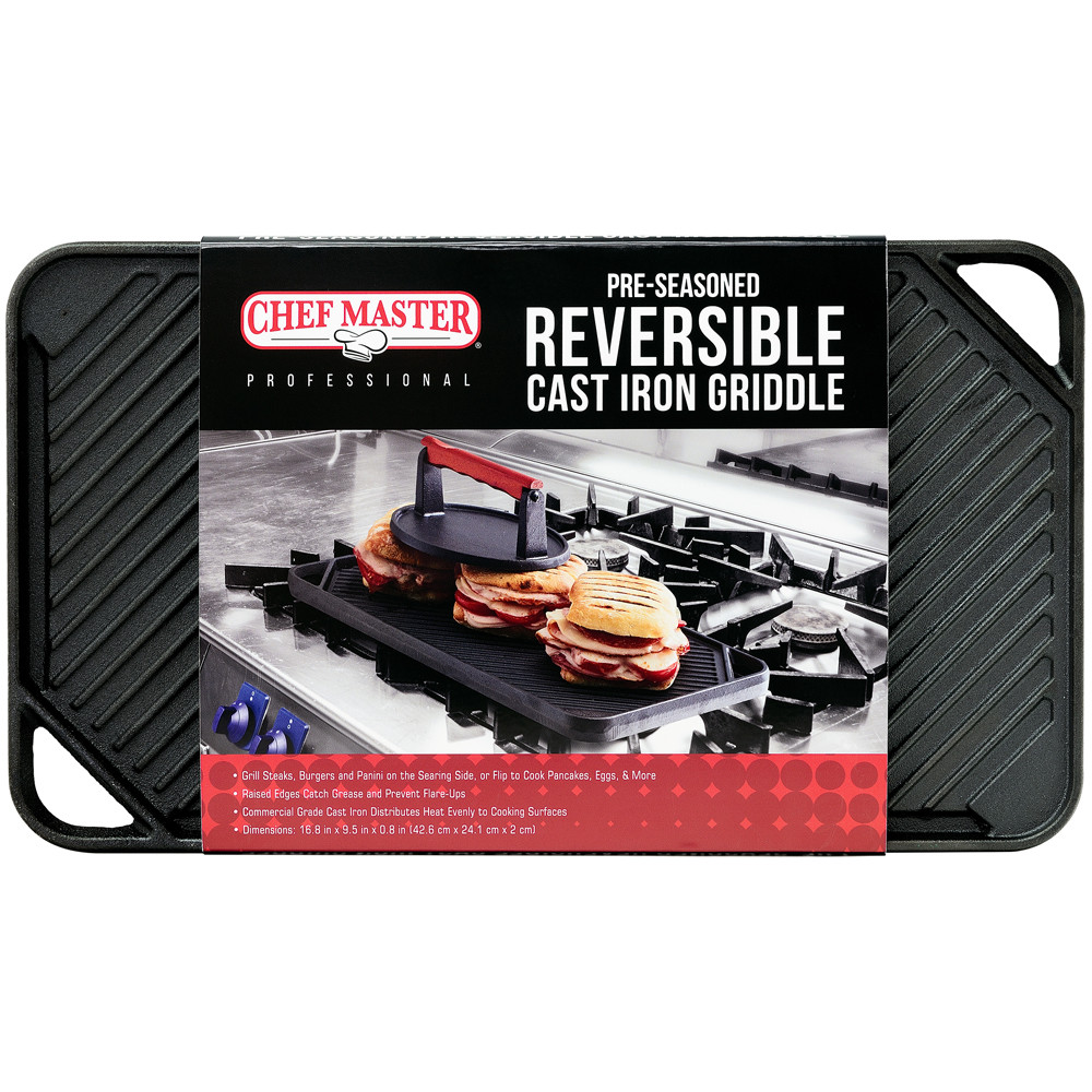 CHEFMASTER 90202 Reversible Cast iron Griddle, 16.8x9.5 - Win Depot