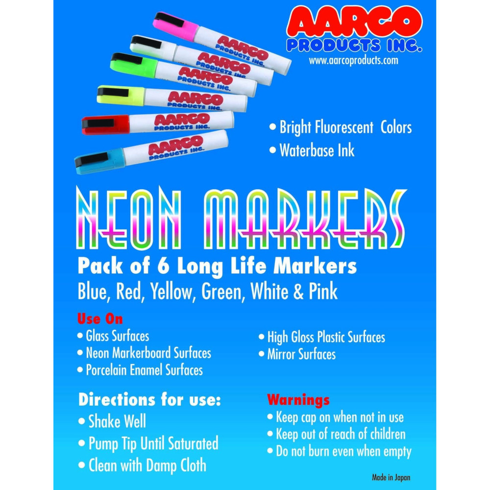 Aarco MFL-6 Neon Markers, 6 Colors, Pump Style Tip, Best On Acrylic - Win  Depot
