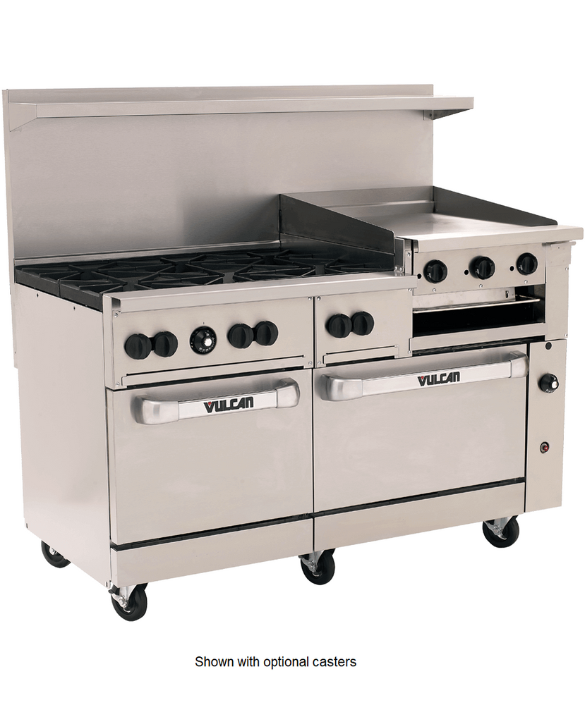 ELEKTHERMAX gas stove with 6 burners, electric oven, 2 pan support grids  and 1 griddle plate