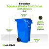 Alpine Industries ALP500-64-BLU Square Waste Container w/ Wheels, 64 Gallon, Blue