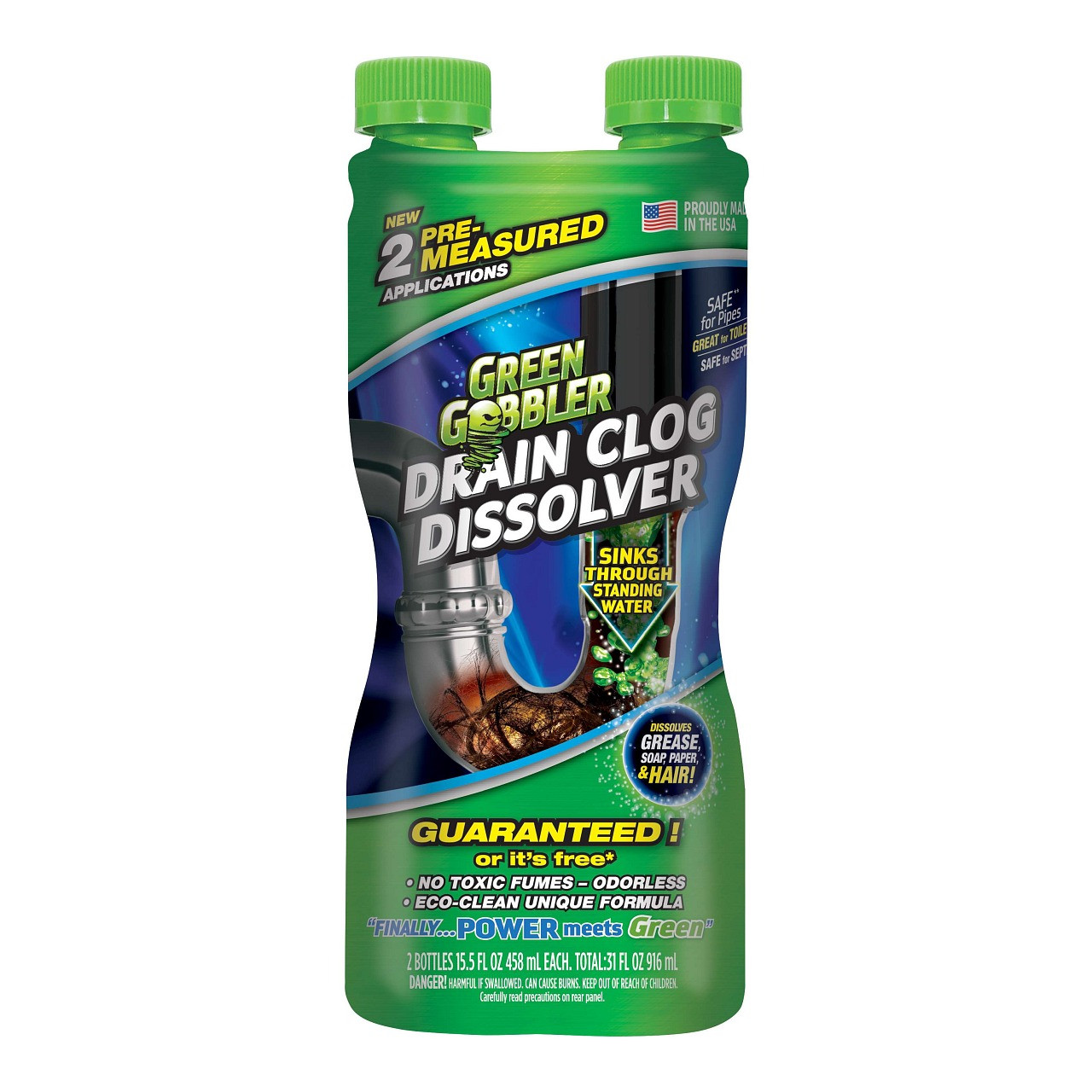 Green Gobbler Drain Clog Dissolver, 31oz Dual Chamber Bottle