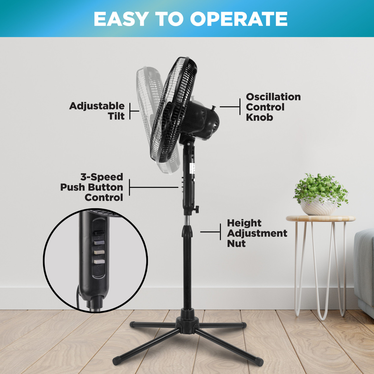 Comfort Zone CZST161BTEBK Quad-Pod Oscillating Pedestal Fan, 16