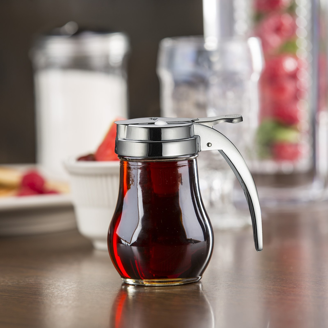 Tablecraft 406 Syrup Dispenser, 6 oz., Teardrop Glass, Chrome
